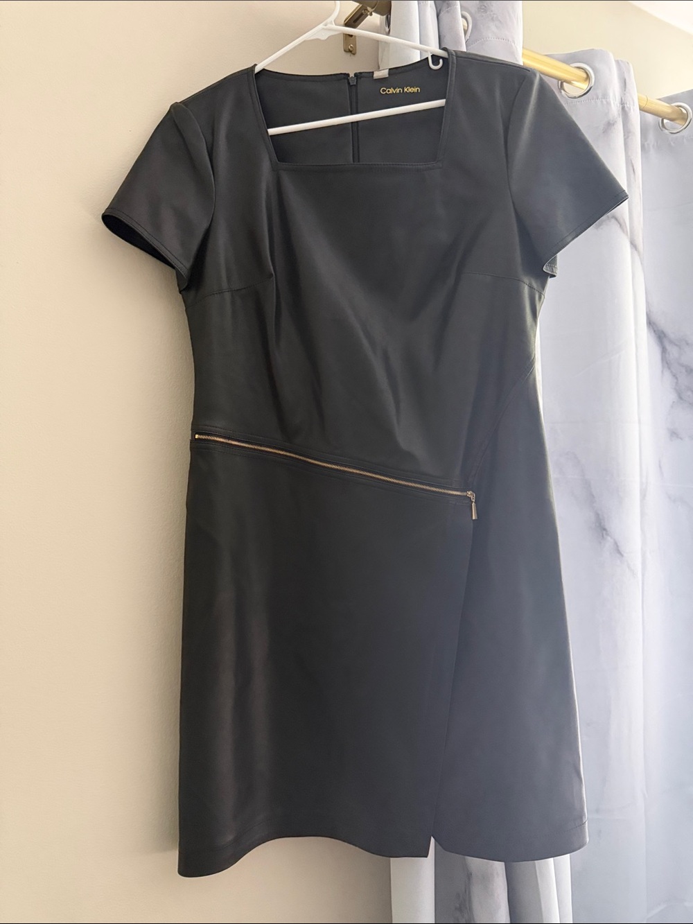 Calvin Klein Black Faux Leather Mini Dress with Asymmetrical Zip
